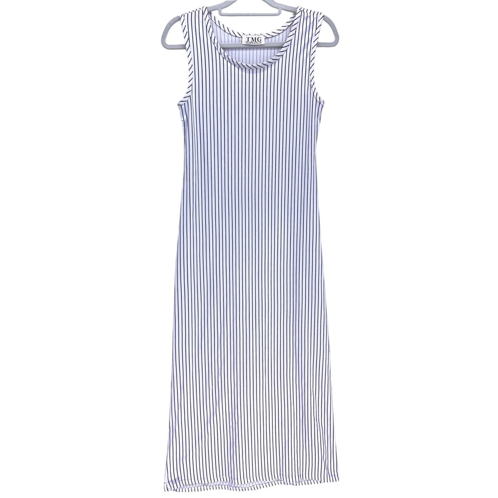 TMG White Navy Blue Striped Sleeveless Maxi Dress Small Pinstripe Made in USA
